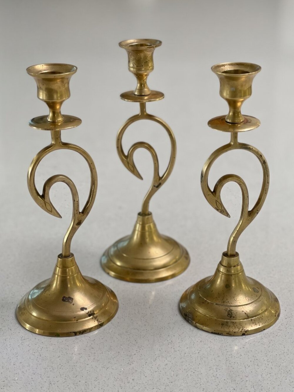 VTG Brass Sculptural Loop Candlestick Holders Set of 3 Taper Candle Pedestal